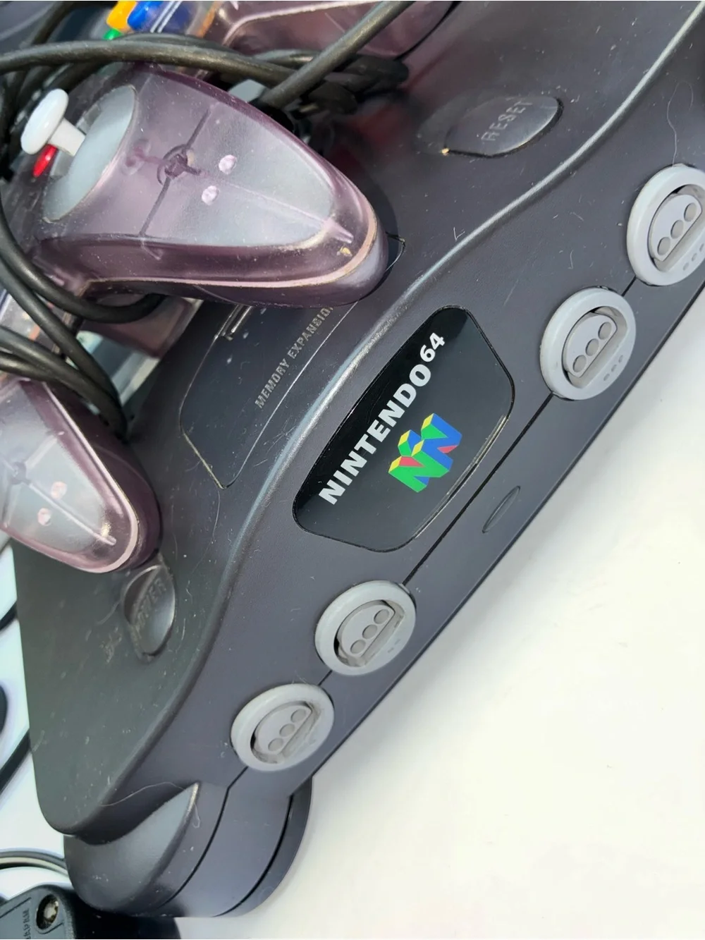 Nintendo 64 Console with Translucent Clear Controllers and Gray Console